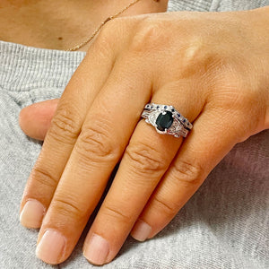 Deco Antique Style 14K Solid White Gold Oval Cut Blue Sapphire And Round Cut Simulated Diamonds Engagement Ring And Band 2.65ctw