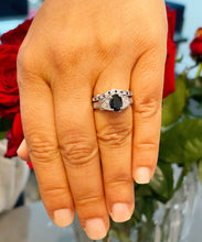 Load image into Gallery viewer, Deco Antique Style 14K Solid White Gold Oval Cut Blue Sapphire And Round Cut Simulated Diamonds Engagement Ring And Band 2.65ctw
