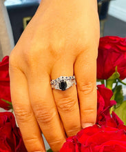 Load image into Gallery viewer, Deco Antique Style 14K Solid White Gold Oval Cut Blue Sapphire And Round Cut Simulated Diamonds Engagement Ring And Band 2.65ctw
