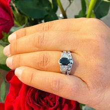Load image into Gallery viewer, Deco Antique Style 14K Solid White Gold Oval Cut Blue Sapphire And Round Cut Simulated Diamonds Engagement Ring And Band 2.65ctw
