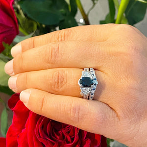 Deco Antique Style 14K Solid White Gold Oval Cut Blue Sapphire And Round Cut Simulated Diamonds Engagement Ring And Band 2.65ctw