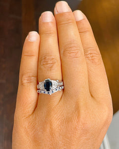 Deco Antique Style 14K Solid White Gold Oval Cut Blue Sapphire And Round Cut Simulated Diamonds Engagement Ring And Band 2.65ctw