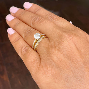 14k solid yellow gold round cut simulated diamond engagement ring and band deco, wedding, anniversary, prong set, bridal, 1.50ctw