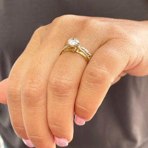 14k solid yellow gold round cut simulated diamond engagement ring and band deco, wedding, anniversary, prong set, bridal, 1.50ctw