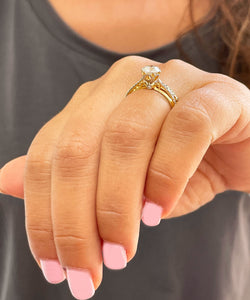 14k solid yellow gold round cut simulated diamond engagement ring and band deco, wedding, anniversary, prong set, bridal, 1.50ctw