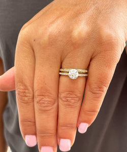 14k solid yellow gold round cut simulated diamond engagement ring and band deco, wedding, anniversary, prong set, bridal, 1.50ctw