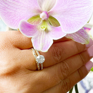 14k solid yellow gold round cut simulated diamond engagement ring and band deco, wedding, anniversary, prong set, bridal, 1.50ctw