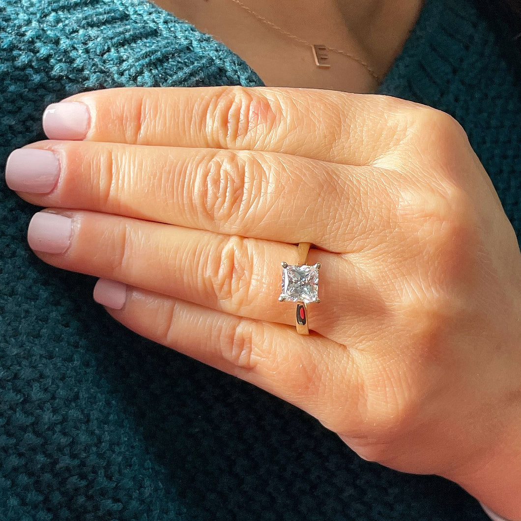14K Solid Yellow Gold Princess Cut Moissanite Engagement Ring Deco, Bridal, Wedding, Anniversary, Prong Set Solitaire 2.00ctw