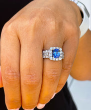 Load image into Gallery viewer, 14K Solid White Gold Cushion Cut Natural Sapphire and Round And Princess Cut Natural Diamond Ring 3.50ctw
