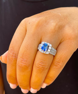 14K Solid White Gold Cushion Cut Natural Sapphire and Round And Princess Cut Natural Diamond Ring 3.50ctw
