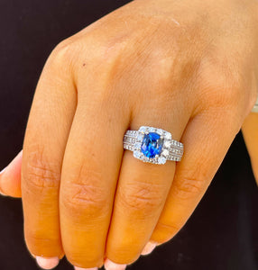 14K Solid White Gold Cushion Cut Natural Sapphire and Round And Princess Cut Natural Diamond Ring 3.50ctw