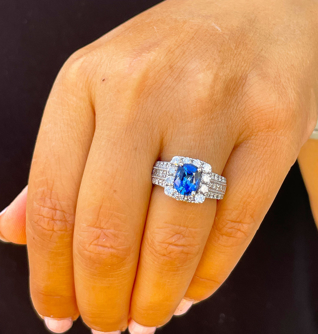 14K Solid White Gold Cushion Cut Natural Sapphire and Round And Princess Cut Natural Diamond Ring 3.50ctw