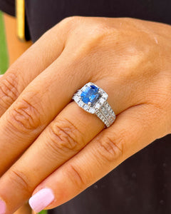 14K Solid White Gold Cushion Cut Natural Sapphire and Round And Princess Cut Natural Diamond Ring 3.50ctw