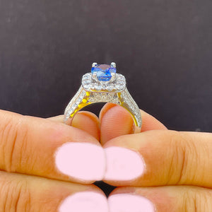 14K Solid White Gold Cushion Cut Natural Sapphire and Round And Princess Cut Natural Diamond Ring 3.50ctw