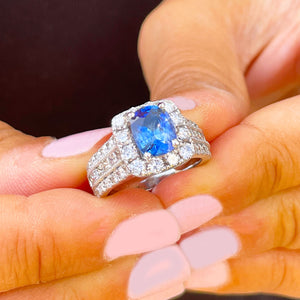 14K Solid White Gold Cushion Cut Natural Sapphire and Round And Princess Cut Natural Diamond Ring 3.50ctw
