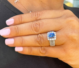 14K Solid White Gold Cushion Cut Natural Sapphire and Round And Princess Cut Natural Diamond Ring 3.50ctw