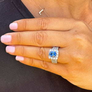 14K Solid White Gold Cushion Cut Natural Sapphire and Round And Princess Cut Natural Diamond Ring 3.50ctw