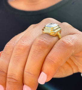 Heavy 14k solid yellow gold emerald cut simulated diamond engagement ring bezel set solitaire bridal wedding 3.50ct