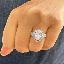 Load image into Gallery viewer, 14k Solid White Gold Pear Cut Moissanite and Natural Round Cut Diamond Engagement Ring Halo, Bezel Set 4.25ctw
