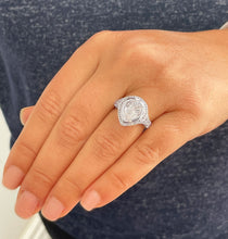 Load image into Gallery viewer, 14k Solid White Gold Pear Cut Moissanite and Natural Round Cut Diamond Engagement Ring Halo, Bezel Set 4.25ctw
