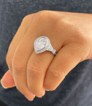 Load image into Gallery viewer, 14k Solid White Gold Pear Cut Moissanite and Natural Round Cut Diamond Engagement Ring Halo, Bezel Set 4.25ctw
