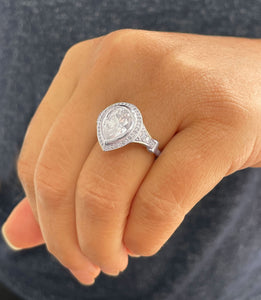 14k Solid White Gold Pear Cut Moissanite and Natural Round Cut Diamond Engagement Ring Halo, Bezel Set 4.25ctw