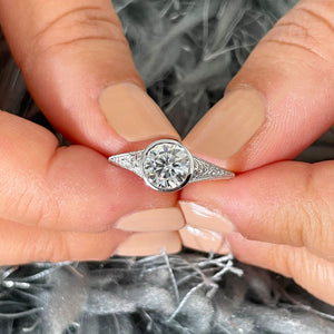 14k Solid White Gold Round Cut Moissanite And Natural Diamonds Engagement Ring Semi Bezel Set, Bridal, Wedding 1.04ct