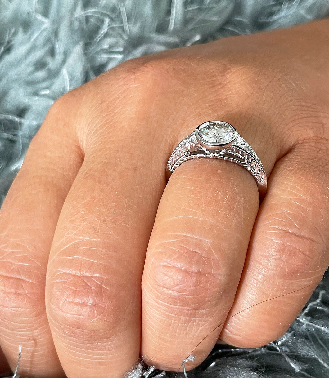 14k Solid White Gold Round Cut Moissanite And Natural Diamonds Engagement Ring Semi Bezel Set, Bridal, Wedding 1.04ct