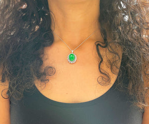 14k white gold oval cut Natural Jade and round cut natural diamond deco style halo, pendent necklace 8.70ctw