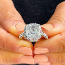 Load image into Gallery viewer, IGI Certified 14K Solid Heavy White Gold Asscher Cut Diamond Engagement Ring Bezel Set Halo Wedding Anniversary Round Cut 4.00ct F-VS2
