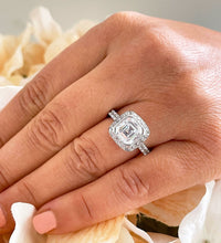 Load image into Gallery viewer, 14k Solid White Gold Asscher Cut Forever one moissanite and natural diamonds bezel set Engagement Ring Halo 4.00ctw
