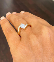 Load image into Gallery viewer, 14K Solid Yellow Gold Princess Cut Moissanite Engagement Ring Deco, Bridal, Wedding, Anniversary, Tension Set Solitaire 1.20ctw
