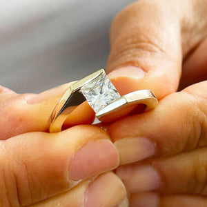 14K Solid Yellow Gold Princess Cut Moissanite Engagement Ring Deco, Bridal, Wedding, Anniversary, Tension Set Solitaire 1.20ctw