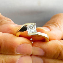 Load image into Gallery viewer, 14K Solid Yellow Gold Princess Cut Moissanite Engagement Ring Deco, Bridal, Wedding, Anniversary, Tension Set Solitaire 1.20ctw
