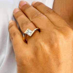 14K Solid Yellow Gold Princess Cut Moissanite Engagement Ring Deco, Bridal, Wedding, Anniversary, Tension Set Solitaire 1.20ctw