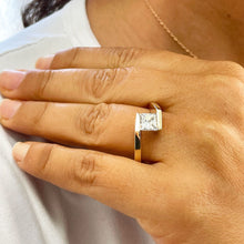 Load image into Gallery viewer, 14K Solid Yellow Gold Princess Cut Moissanite Engagement Ring Deco, Bridal, Wedding, Anniversary, Tension Set Solitaire 1.20ctw
