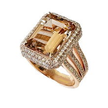 Load image into Gallery viewer, 14K Solid Rose Gold Emerald Cut Natural Morganite and Round cut Natural Diamonds Triple Shank Double Halo Ring 8.40ctw
