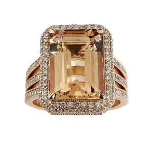 14K Solid Rose Gold Emerald Cut Natural Morganite and Round cut Natural Diamonds Triple Shank Double Halo Ring 8.40ctw