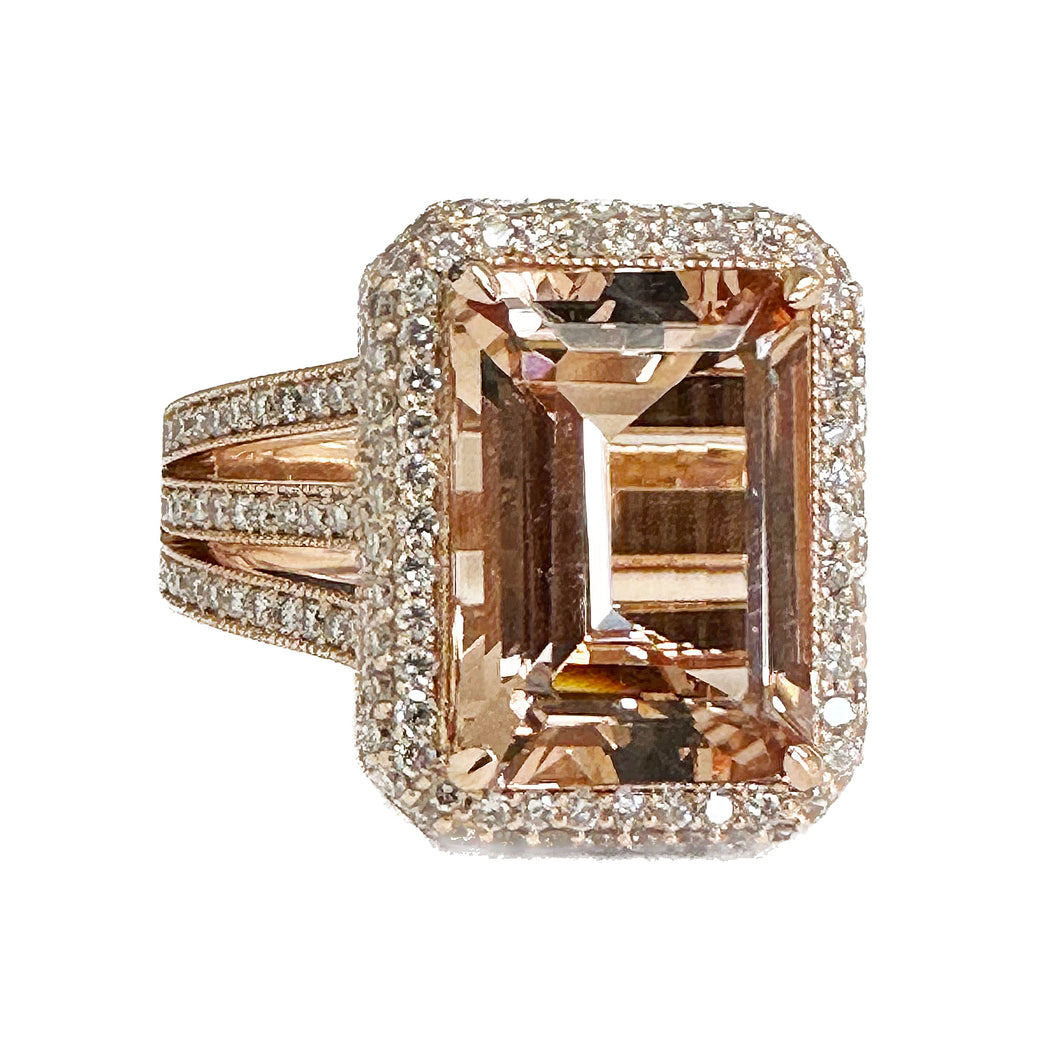 14K Solid Rose Gold Emerald Cut Natural Morganite and Round cut Natural Diamonds Triple Shank Double Halo Ring 8.40ctw