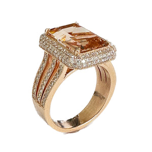 14K Solid Rose Gold Emerald Cut Natural Morganite and Round cut Natural Diamonds Triple Shank Double Halo Ring 8.40ctw