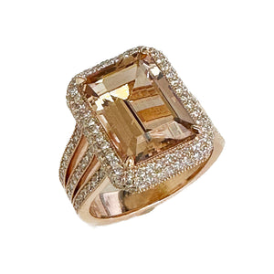 14K Solid Rose Gold Emerald Cut Natural Morganite and Round cut Natural Diamonds Triple Shank Double Halo Ring 8.40ctw