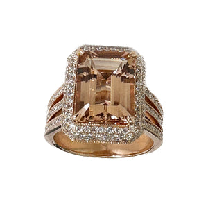 14K Solid Rose Gold Emerald Cut Natural Morganite and Round cut Natural Diamonds Triple Shank Double Halo Ring 8.40ctw