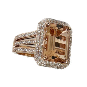 14K Solid Rose Gold Emerald Cut Natural Morganite and Round cut Natural Diamonds Triple Shank Double Halo Ring 8.40ctw