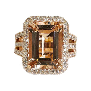 14K Solid Rose Gold Emerald Cut Natural Morganite and Round cut Natural Diamonds Triple Shank Double Halo Ring 8.40ctw