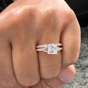 14K Solid Rose Gold Princess Cut Moissanite And Natural Diamond Engagement Ring And Two Bands Set, Wedding Deco 2.10ctw