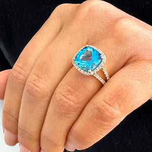 14K Solid Yellow Gold Cushion Cut Natural Blue Topaz And Round Cut Diamonds Engagement Ring Halo Split Shank 4.70ctw