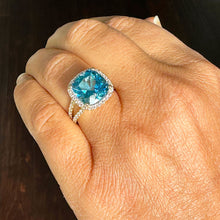 Load image into Gallery viewer, 14K Solid Yellow Gold Cushion Cut Natural Blue Topaz And Round Cut Diamonds Engagement Ring Halo Split Shank 4.70ctw
