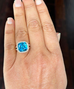 14K Solid Yellow Gold Cushion Cut Natural Blue Topaz And Round Cut Diamonds Engagement Ring Halo Split Shank 4.70ctw