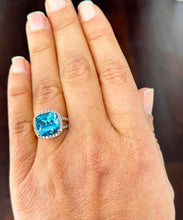 Load image into Gallery viewer, 14K Solid Yellow Gold Cushion Cut Natural Blue Topaz And Round Cut Diamonds Engagement Ring Halo Split Shank 4.70ctw
