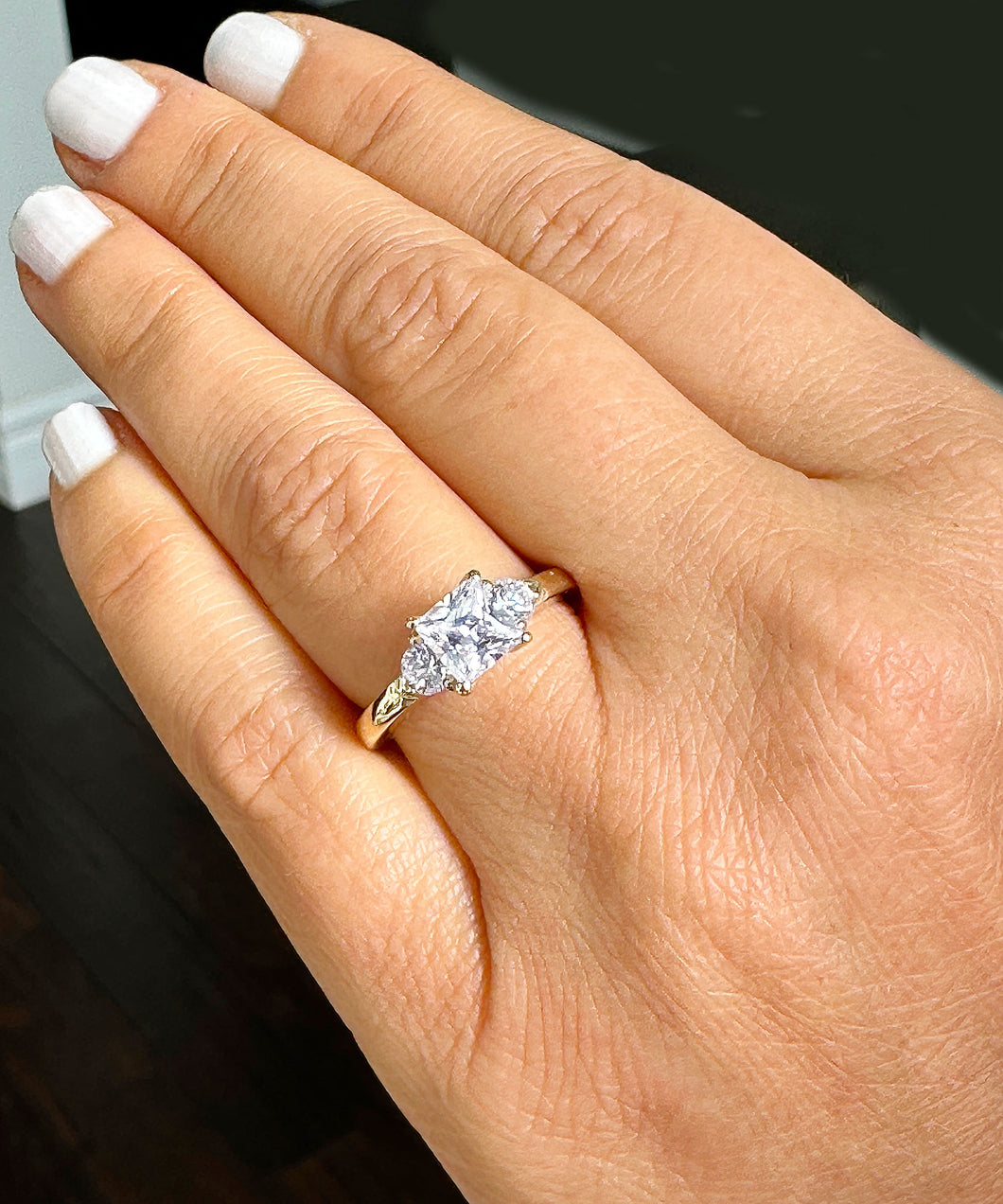 14k Solid Yellow Gold Princess Cut Forever One Moissanite and Round Cut Engagement Ring, Bridal, Wedding Deco Three Stone Style  2.20ctw